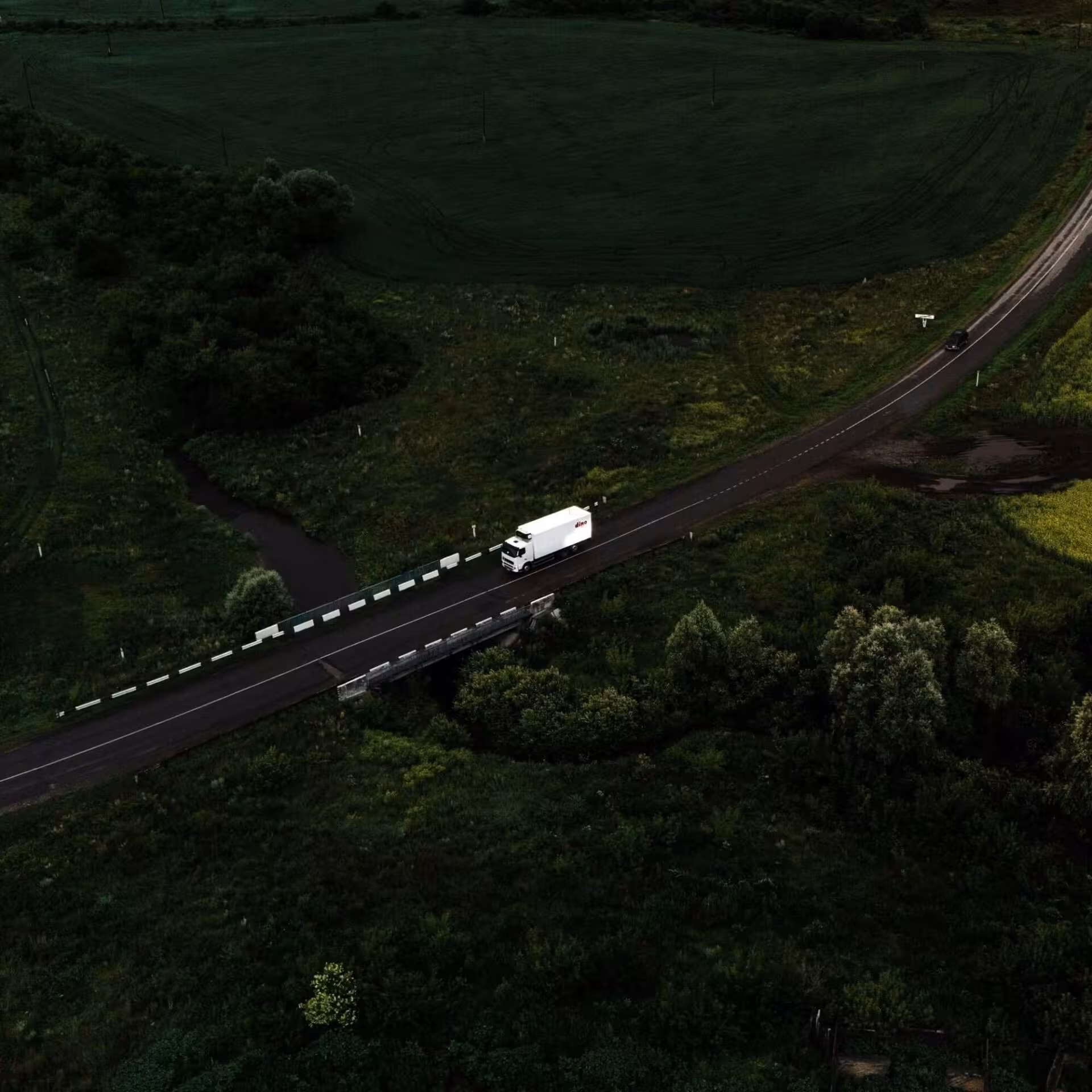 Foto aerea di un minivan bianco che percorre una strada immersa nei boschi toscani.